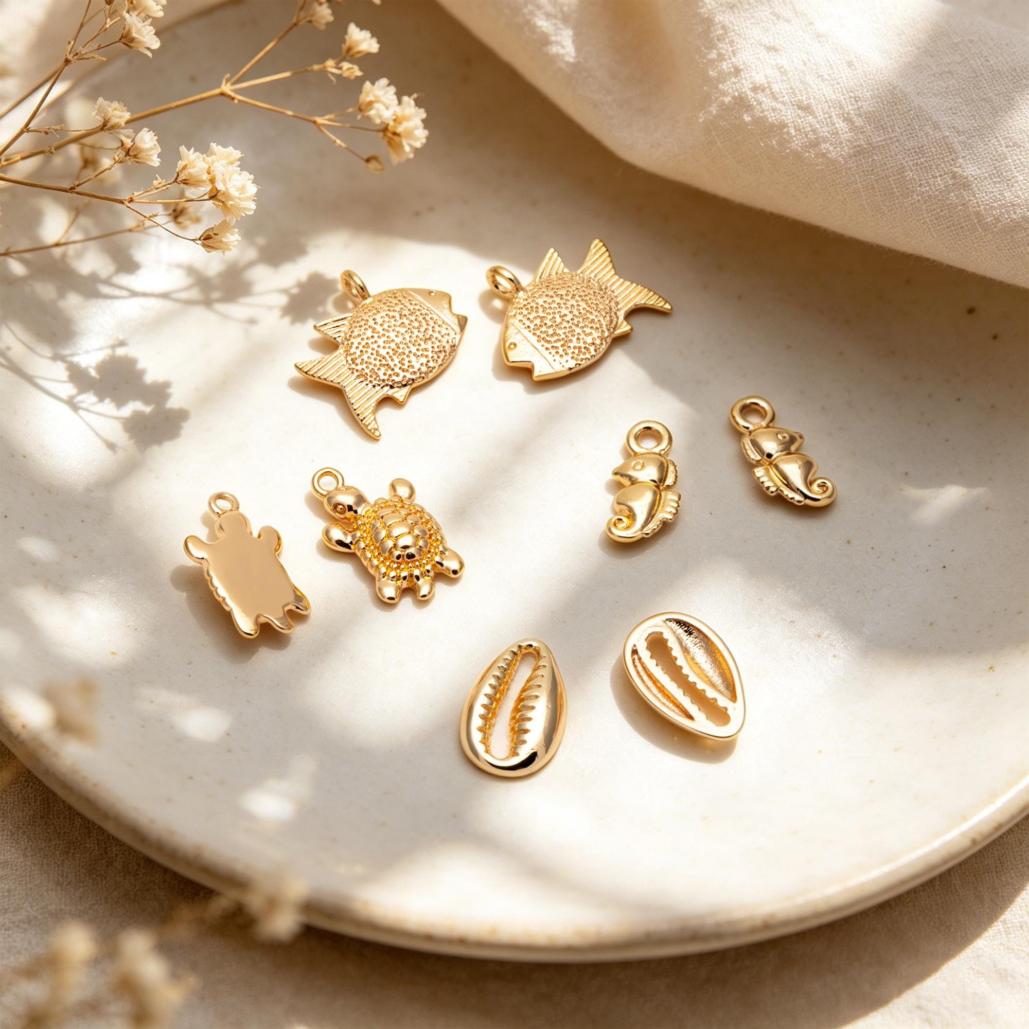 10pcs Gold Ocean Charms, 18K Gold plated Brass Beach Charms, DIY Supplies Wholesale (GB-3936)